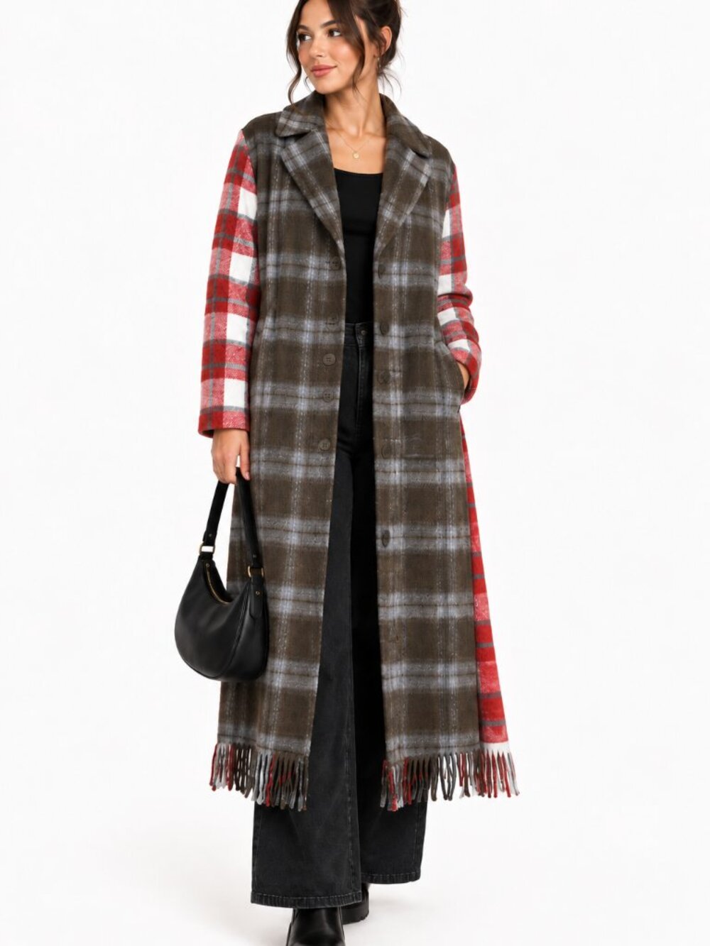 Dusty Rose NWT Plaid Colorblock Belted Long Oversized Trench Coat Fringe Hem